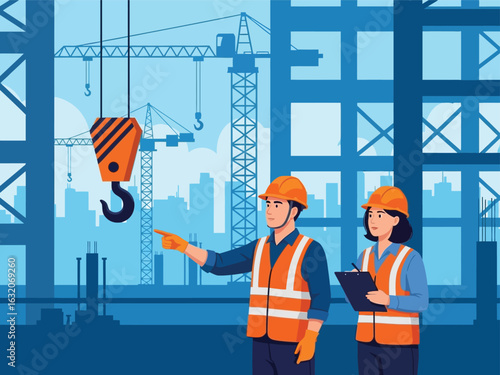 Two construction workers, a male engineer and a female inspector, oversee work on a building site with cranes.