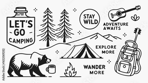 Black and White Camping Themed Illustrations with Bear and Tent.