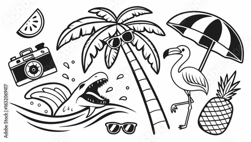 Black and White Summer Vacation Themed Illustration Elements.