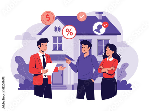 A real estate agent explains a contract to a young couple interested in buying a new house.