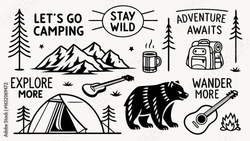 Camping Adventure Icons Mountains Bear Tent Guitars Backpack.