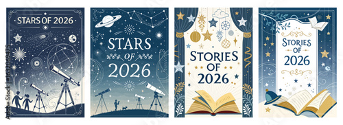 Set of four posters featuring telescopes books and celestial motifs