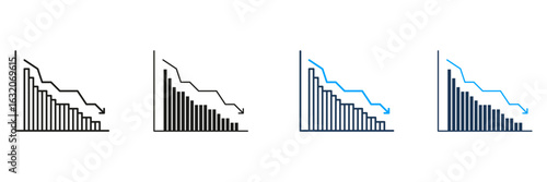 Financial Loss, Economic Downturn, And Business Decline Symbol Collection. Declining Bar Chart With Downward Arrow Line And Solid Icon Set. Market Analysis. Isolated Vector Illustration