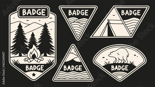Camping Badges Mountains Trees Tent Bear Fire.
