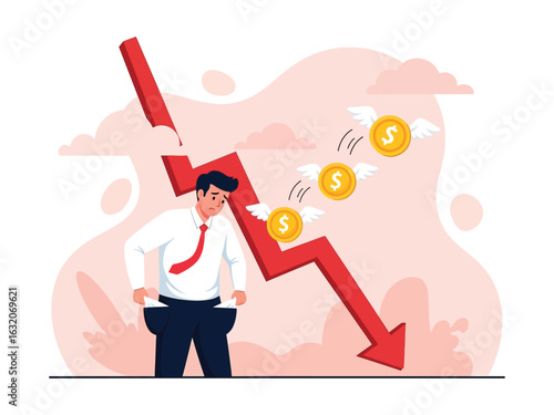 A distraught businessman with empty pockets stands next to a large red downward arrow as his money flies away.