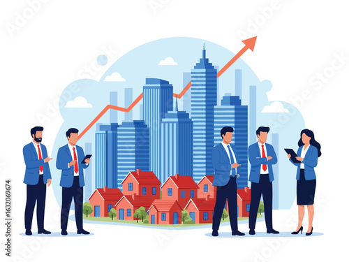 Business professionals analyze a growing real estate market with a city skyline and an upward trend arrow.