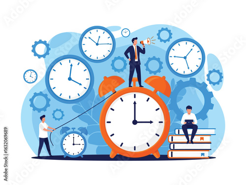 Conceptual illustration of time management with business people, large clocks, and gears.