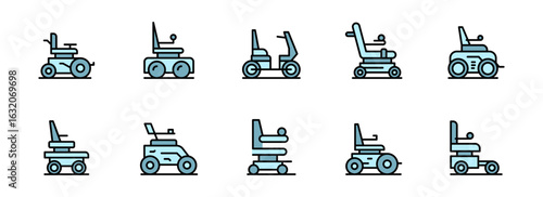 Collection of Ten Modern Power Wheelchair Icons:  Light Blue, Clean Line Art Style, Medical Accessibility Concept.