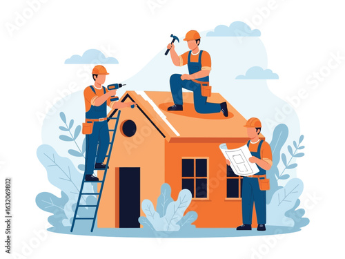 A team of construction workers builds a house, with one on a ladder, another on the roof, and a foreman reviewing blueprints.