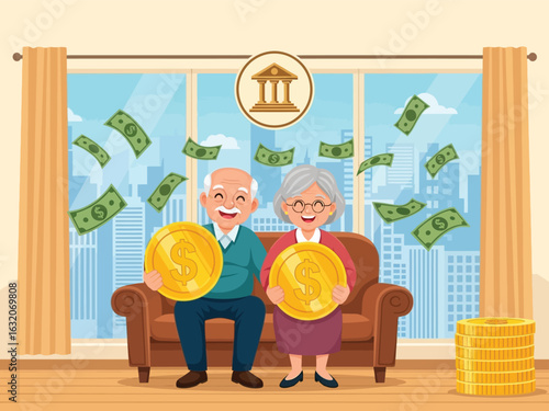 Happy elderly couple holding large gold coins with money raining down, symbolizing retirement savings and financial success.