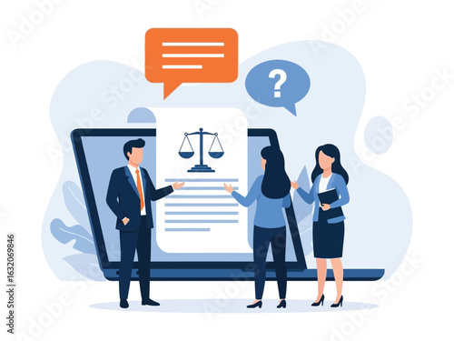 A lawyer provides online legal consultation, explaining a document with scales of justice to two clients.