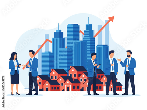 Business professionals discuss real estate investment opportunities in a growing city with a rising market graph.