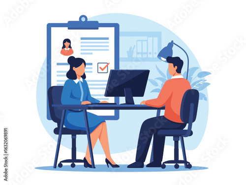 A female HR manager conducts a job interview with a male candidate in a modern office, reviewing his application.