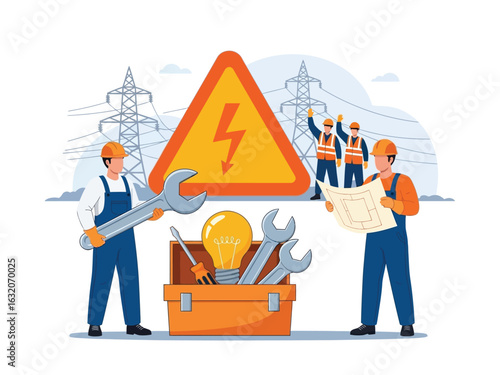 A team of electricians with tools and blueprints working near high voltage power lines.