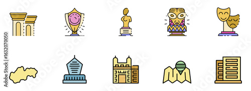 Colorful Vector Icons: Awards, Architecture, Travel, and Landmarks;  Flat Style Design;  Positive and Upbeat Mood.