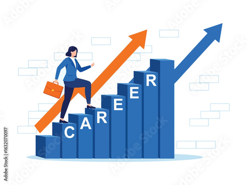 A businesswoman climbs career stairs shaped like a bar graph, symbolizing professional growth and advancement.