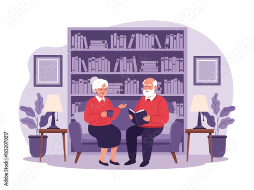 An elderly couple relaxes on a sofa in their home library, the man reading a book while the woman listens.