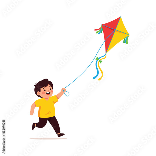 A happy young boy in a yellow shirt runs while flying a colorful red and yellow kite.