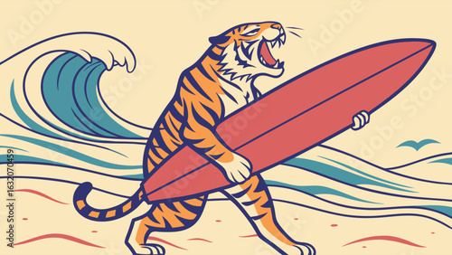 Cartoon Tiger Surfer with Surfboard on Beach with Waves.