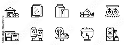 Modern Industrial Manufacturing Process Icons:  Clean Line Art Style,  Illustrative Vector Graphics for Business, Technology, and Production Concepts.