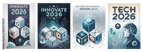 Set of four posters featuring futuristic tech symposium designs