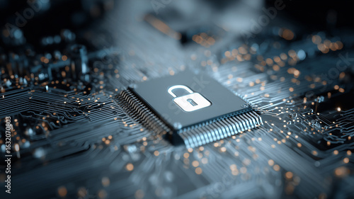 Integrated circuit featuring an illuminated padlock icon emphasizes built in secure processing for trusted computing platforms.