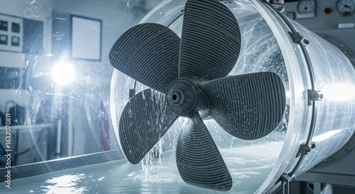 3Dprinted fuelefficient shipping propeller model installed in a cavitation tunnel for performance evaluation under simulated marine conditions.