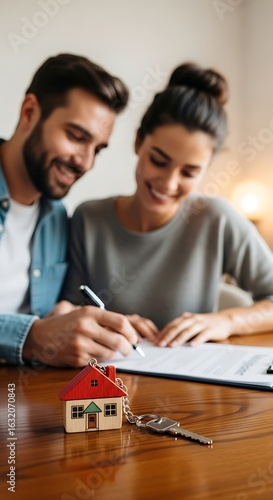 A couple happily signs homeownership documents.