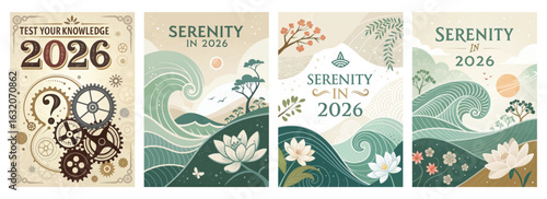 Set of four posters featuring mechanical nature designs and serene landscapes