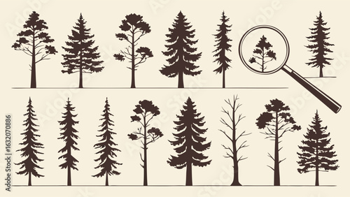 Collection of Detailed Coniferous Tree Silhouettes.