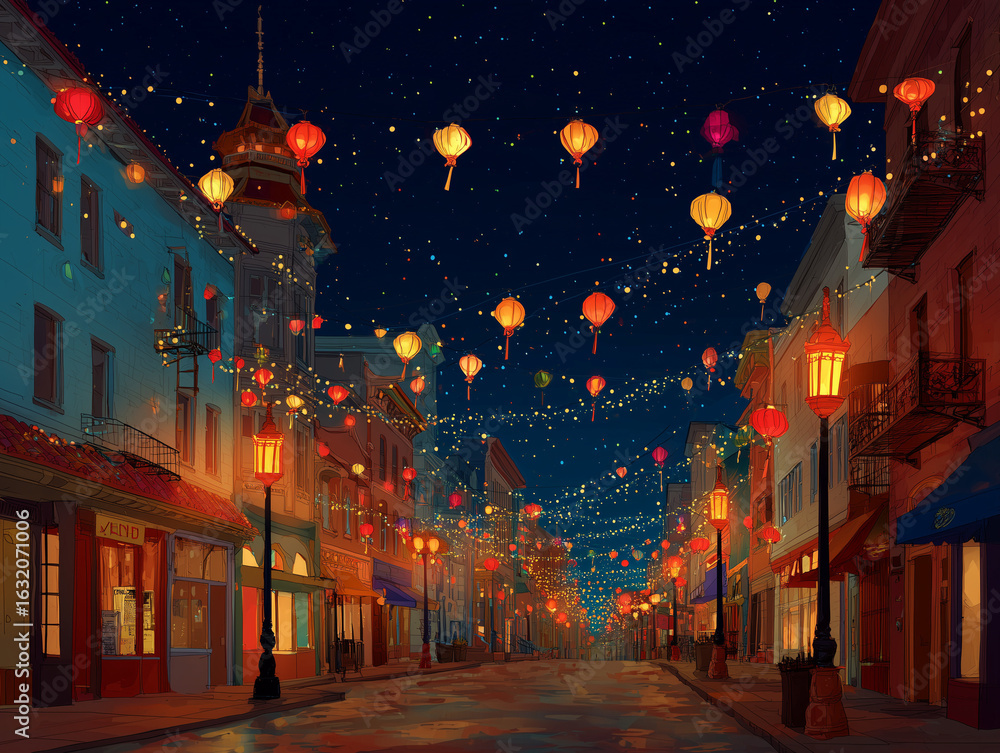 Fototapeta premium Chinatown street decorated with lanterns, night scene