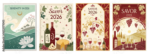 Set of four posters featuring nature and wine themes for 2026