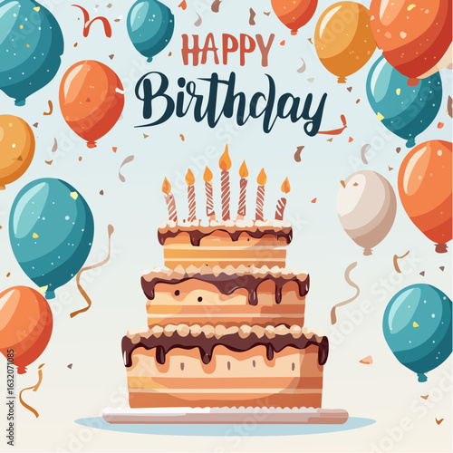 Vector birthday banner with a large colorful birthday cake