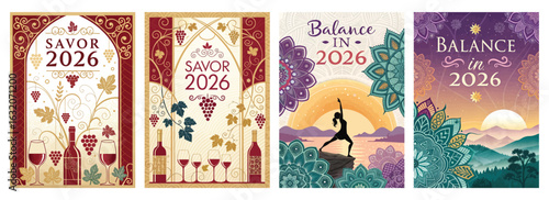 Set of four posters featuring wine and yoga designs in vibrant colors