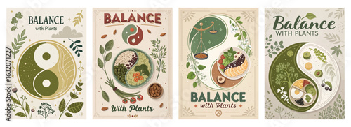 Set of four posters featuring nature-inspired plant designs in harmony