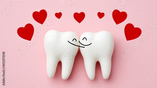 Two teeth are hugging each other with hearts surrounding them. Concept of love and affection