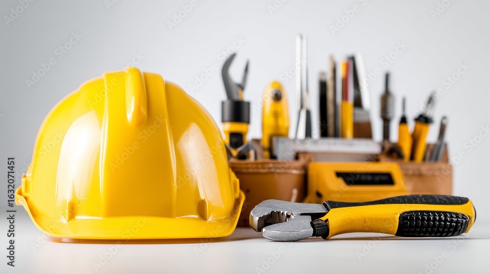 Fototapeta premium Yellow safety helmet placed next to construction tools on white