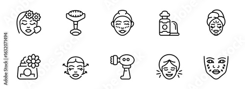 Clean Skincare Routine Icons:  Modern Minimalist Line Art Illustrations of Facial Treatments, Beauty Products, and Tools for a Rejuvenated, Radiant Complexion.