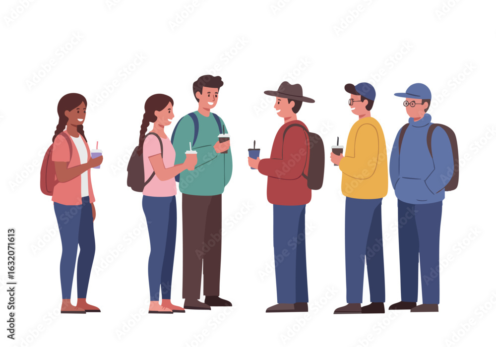 Fototapeta premium Illustration Vector of Diverse Students Group with Drink Cups in Modern Style