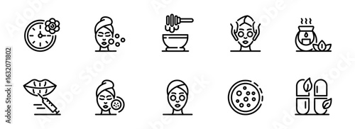 Spa Treatments:  A Collection of Minimalist Line Icons Depicting Facial Skincare, Lip Injections, and Natural Beauty Products for Wellness and Self-Care.
