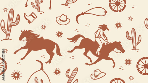 Cowboy Riding Horse Cactus and Western Icons Seamless Pattern.