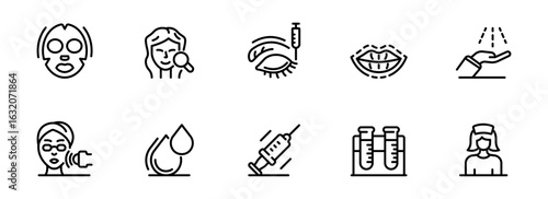 Cosmetology and Skincare Line Icons:  A Modern, Minimalist Set of Black and White Illustrations Depicting Facial Treatments, Injections, and Lab Research for Cosmetic Procedures.