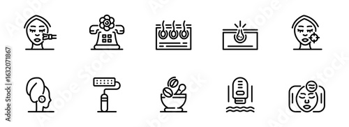 Modern Skincare Routine Icons:  Cleanse, Exfoliate, Treat, and Mask for Radiant Skin;  Bold Line Art Style;  Minimalist and Elegant Design.