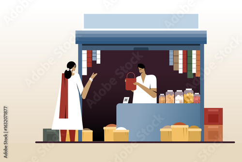 Illustration of an Indian woman buying grocery from a neighbourhood sop