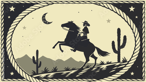 Cowboy Riding Horse in Desert Landscape Silhouette Illustration.