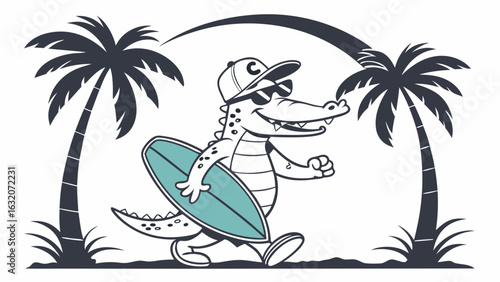 Crocodile Surfer with Sunglasses and Surfboard in Tropical Paradise.