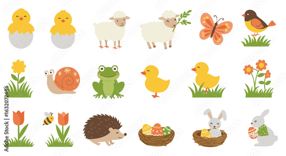 Obraz premium Spring animals for Easter flat icon set vector isolated