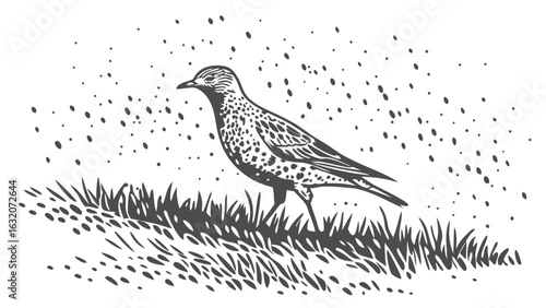 Detailed Illustration of a Bird in Grassy Meadow.