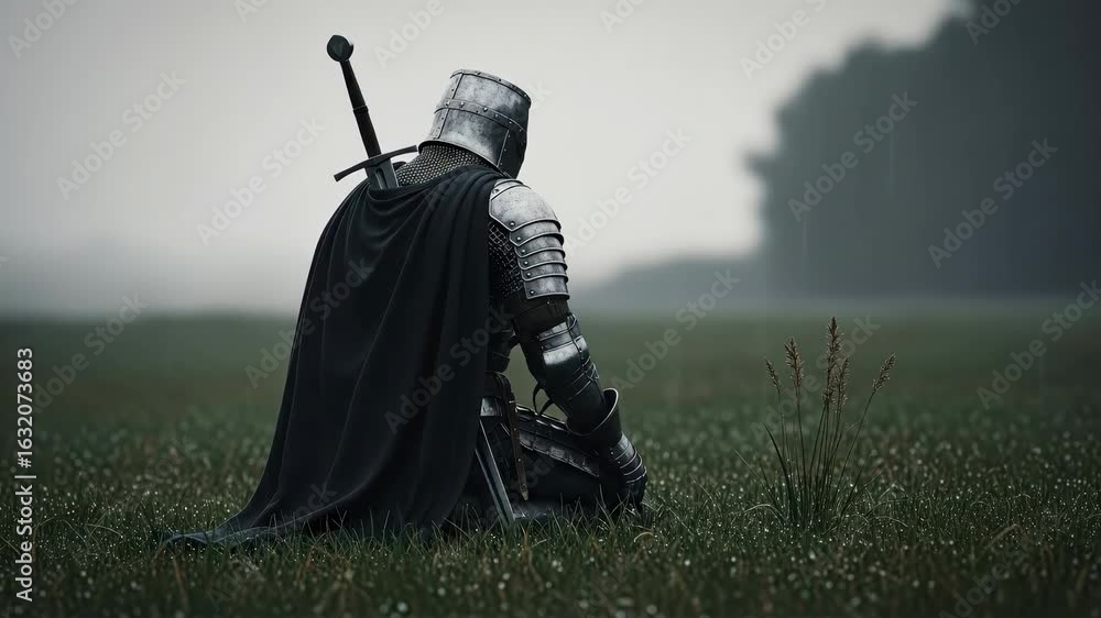 A Knight's Reflection in a Misty Field, Solitary Warrior in Medieval ...