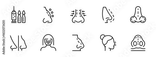 Rhinoplasty Surgery Icons:  Before & After,  Nasal Procedures,  Injection,  Treatment,  Medical Illustration,  Line Art Style,  Clean Minimalist Design,  Vector Graphics.